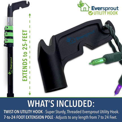 EVERSPROUT 7-to-24 Foot Utility Hook with Extension Pole (30 Foot Reach) Installing and Hanging Christmas/String Lights, Birdfeeders, Reaching High Places Heavy-Duty Telescoping Extension Pole
