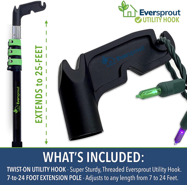 EVERSPROUT 7-to-24 Foot Utility Hook with Extension Pole (30 Foot Reach) Installing and Hanging Christmas/String Lights, Birdfeeders, Reaching High Places Heavy-Duty Telescoping Extension Pole