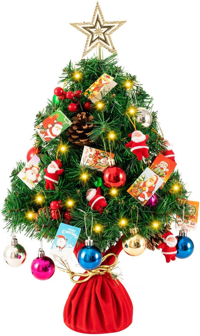 joybest 24 Inch Tabletop Mini Christmas Tree Desktop Xmas Tree Battery Operated with LED String Lights, Red Berries, Star Treetop, Christmas Cards & Ornaments, Best DIY Christmas Decorations, Green