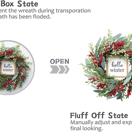 TEMPUS Christmas Wreath for Front Door 18’’ Red Berries Artificial Leaves Wreath with Hello Winter Sign Winter Wreath for Christmas Farmhouse Home Outdoor/Indoor Decor