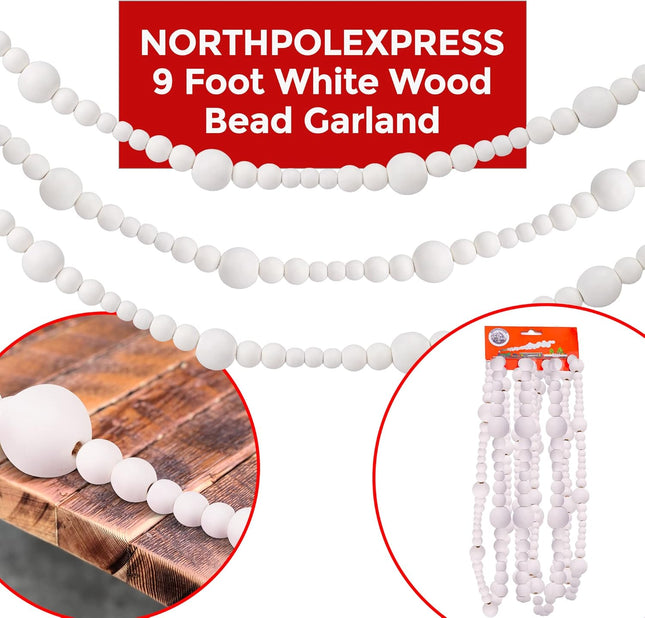9 Foot White Wood Bead Ball Christmas Garland Wooden Christmas Tree Garland Perfect for Rustic Natural Country Farmhouse Vintage Trees Boho Home Decor Decorations Assorted Wood Bead Sizes