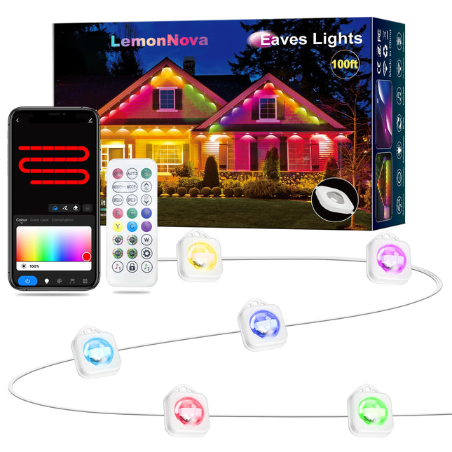Permanent Outdoor Lights, 100ft RGB Outdoor Christmas Lights with 72 LED Lights, IP67 Waterproof LED Eaves Lights with DIY Scene Modes for Halloween Decor, Smart APP & Remote Control