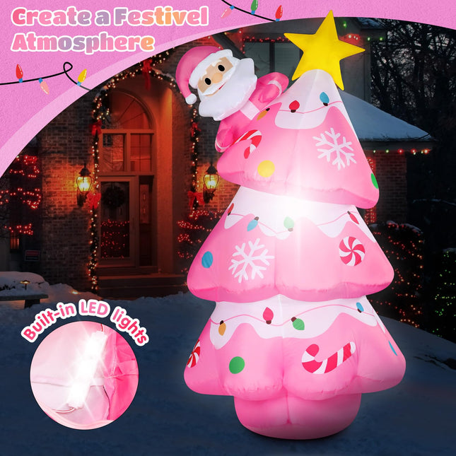 Kitticcino 5.6FT Christmas Tree Inflatable Outdoor Decorations Blow Up Pink Christmas Tree with Santa Star Colorful Candy Built-in LED Lights Xmas Yard Garden Lawn Outdoor Indoor Holiday Party Decor