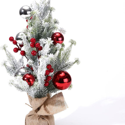 20 Inch Tabletop Christmas Mini Tree, Artificial Snow Flocked Small Christmas Pine Tree with Silver Red Christmas Balls Burlap Base for Home Table Desk Dining Bedroom Christmas Party Decorations