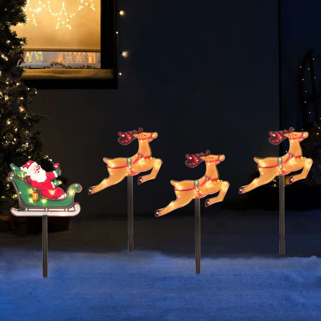 Christmas Silhouette Outdoor Pathway Lights Set of 4 Battery Powered Pre-Lit 30 LEDs Double Sided Christmas Reindeer & Sled Vintage Holiday Outdoor Display Decor for Garden, Patio,Yard, Lawn
