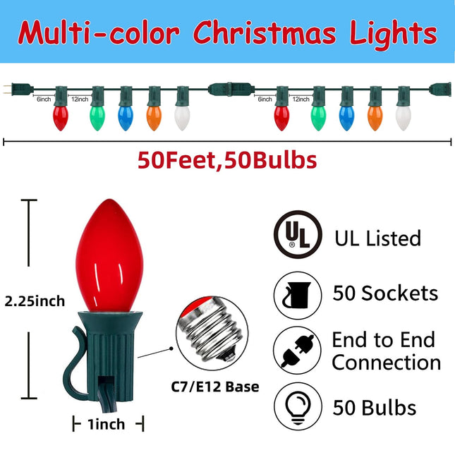 Christmas Decorations - 50 Feet C7 Vintage Christmas Lights Multicolor Christmas Tree Lights Outdoor Christmas String Lights with 50+4 Pack Bulbs for Christmas Tree Home Patio Yard Decor, E12 Base