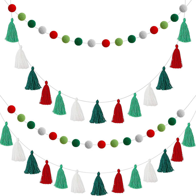 Syhood 4 Pieces Thanksgiving Pom Pom Tassel Garland Christmas Felt Ball Banner Decorative Hanging Banner for Fall Autumn Xmas Home Decoration Birthday Baby Shower Party Supplies(Bright Colors)