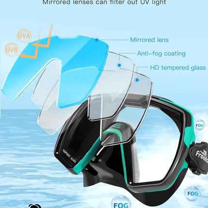 Freela Adult Dry Snorkel Set with Mirrored Lens Anti-Fog 180° Wide View Anti-Fog, Scuba Diving Mask with Nose Cover, Snorkeling Gear for Men Women - Green with Blue