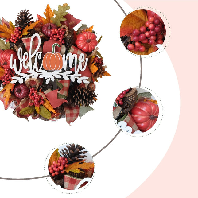 TEMPUS 16" Artificial Maple Leaf Mesh Wreath Fall Pumpkin Welcome Sign Wreaths for Front Door Autumn Harvest Thanksgiving Decoration Home Indoor Outdoor Decor
