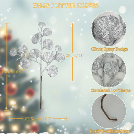 6 Pieces Silver Christmas Tree Picks and Sprays 16.9" Christmas Glitter Eucalyptus Leaves Stems for Christmas Tree Filler Wreath Swag Floral Arrangment Table Centerpieces Decoration