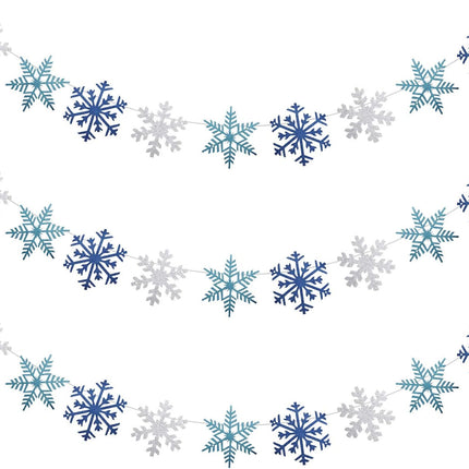 3 Pieces Snowflake Glittery String Garland White Blue and Light Blue Snowflake Banner Snowflake Hang Decoration for Christmas Holiday Party, Winter Carnival, Ice-and-Snow Themed Gatherings