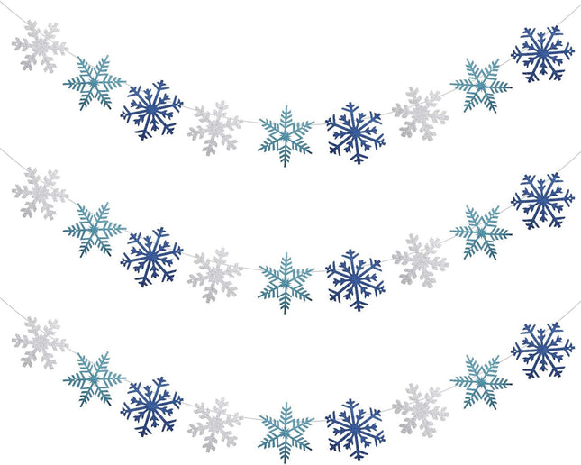 3 Pieces Snowflake Glittery String Garland White Blue and Light Blue Snowflake Banner Snowflake Hang Decoration for Christmas Holiday Party, Winter Carnival, Ice-and-Snow Themed Gatherings