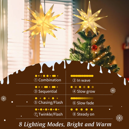 Lewondr 17.7" 2 Pack Moravian Star Outdoor Lights,Warm White 3D Hanging Star Light with 6H Timer,8 Modes,Remote Control,USB Powered Moravian Star Tree Topper Christmas Decor for Holiday Party Porch
