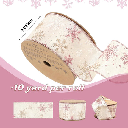 LaRibbons Pink Christmas Wired Ribbon, 2.5 Inch x 10 Yards Champagne Pink Snowflake Satin Ribbon for Tree Decoration,Wreath,Bows, Wrapping