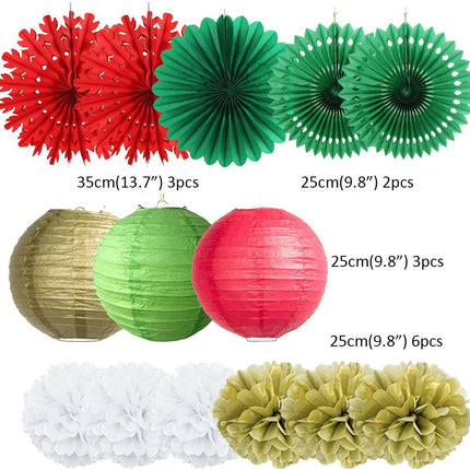 Red Green and Gold Christmas Decorations Snowflake Paper Fans Decorations Hanging Paper Lanterns Tissue Paper Pom Poms Kit with Star Garland Gold for Chritmas Party