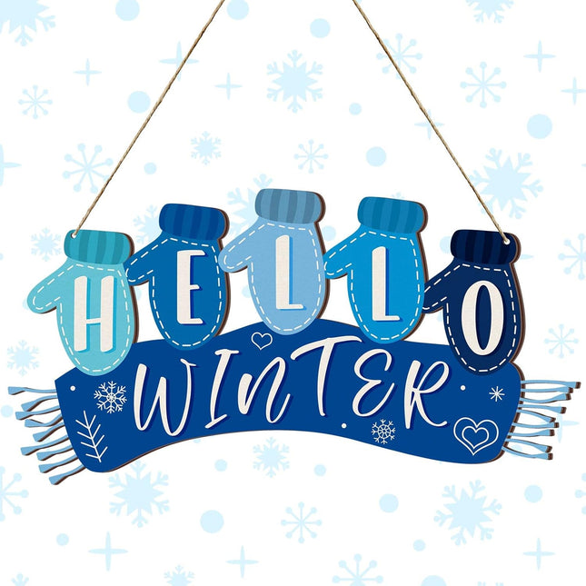 Christmas Hello Winter Gloves Hanging Sign Navy Blue Scarf Hello Winter Wooden Door Sign Hanging Plaque Rustic Wall Sign Wall Decor for Yard Indoor Outdoor Garden Decor with Rope