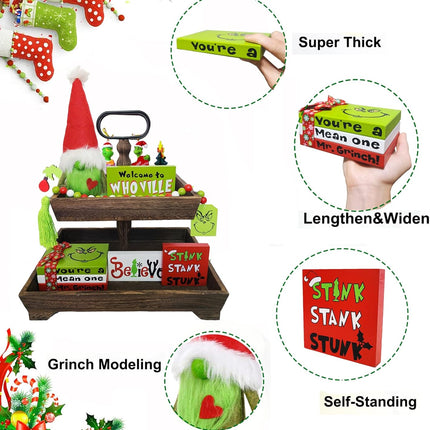 Christmas Tiered Tray Decor Christmas Decorations - Cute Green Gnome Plush Faux Book Stack Wooden Signs Bead Garland - Farmhouse Rustic Xmas Decor for Home Table Party Supplies