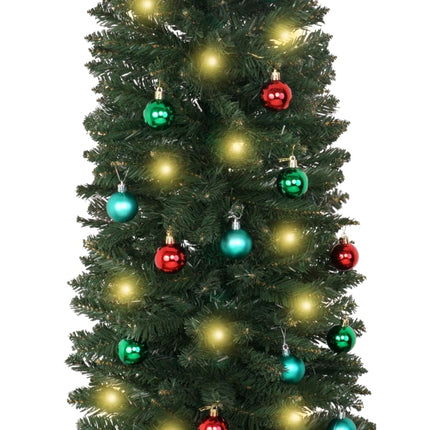 XmasExp Green Skinny Pencil Christmas Tree, 5ft Artificial Slim Thin Christmas Tree with Warm LED Lights String 8 Lighting Modes and Christmas Ball Onaments