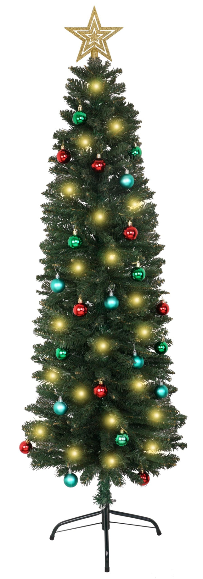 XmasExp Green Skinny Pencil Christmas Tree, 5ft Artificial Slim Thin Christmas Tree with Warm LED Lights String 8 Lighting Modes and Christmas Ball Onaments