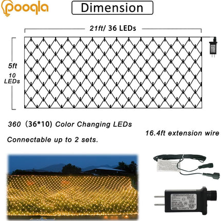 Warm White Net Lights, 360 LED Christmas Net Lights Outdoor, 21ft x 5ft Large Net Mesh String Lights, 8 Modes Twinkle Lights Connectable Plug in for Bushes Halloween Hedge Yard Garden Party Decor