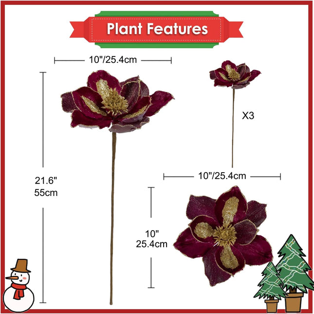 10’’ Large Heads Christmas Glitter Magnolia Flowers Christmas Tree Ornaments Set of 3 Artificial Flowers with Picks Stems for Xmas Tree Holiday Decorations, Burgundy