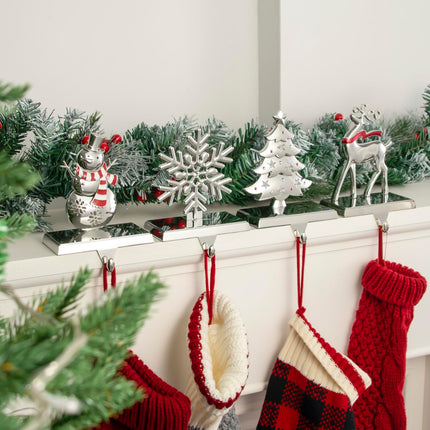 4 Pack Snowflake Christmas Stocking Holder Set for Mantle Christmas Decorations Holiday Mantle Fireplace Topper - Snowflake Snowman Reindeer and Christmas Tree Hangers Decorative Metal Hanger