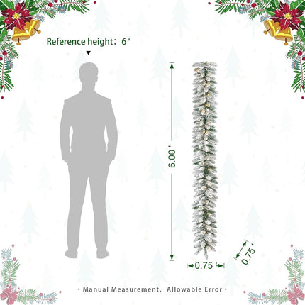 Glitzhome 2pk 6ft Pre-Lit Snow Flocked Christmas Garlands, with 35 Warm White LED Lights and Timer for Home Fireplace Windows Front Door Christmas Holiday Party Hanging Decorations