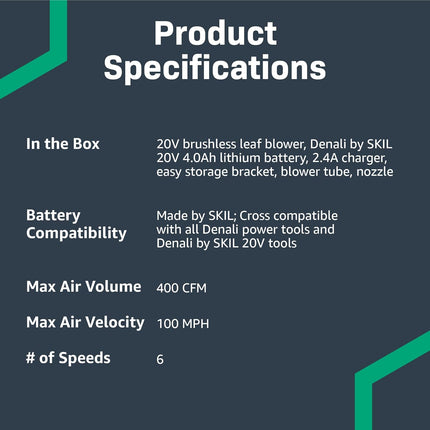 Amazon Brand - Denali by SKIL 20V Brushless 400 CFM Leaf Blower Kit, Includes 4.0Ah Lithium Battery & Charger