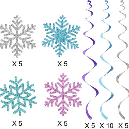 20Pcs Winter Snowflake Hanging Swirls Decorations, Winter Hanging Ceiling Streamers Purple Blue White Snowflakes Garland for Winter Wonderland Baby Shower Winter Birthday Party Decorations