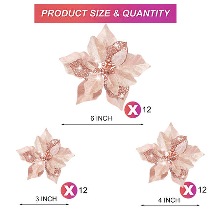 WILLBOND 36 Pieces Christmas Poinsettia Glitter Faux Flowers Christmas Artificial Flowers Tree Ornaments Topper Xmas Decorations(Rose Gold)