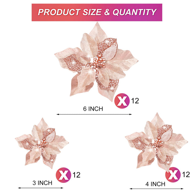 WILLBOND 36 Pieces Christmas Poinsettia Glitter Faux Flowers Christmas Artificial Flowers Tree Ornaments Topper Xmas Decorations(Rose Gold)
