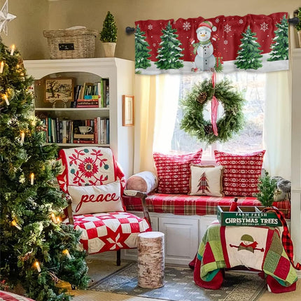 ALAGEO Christmas Snowman Valances Windows Curtain Xmas Tree Kitchen Valances Rod Pocket White Snowflake Red Background Short Topper Curtains for Holiday Christmas Decorations 1 Panel,54 by 18 inches