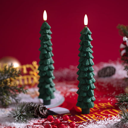 4 Pack Christmas Tree Candles with Remote, 9.65 Inch Real Wax flameless Taper Candles, LED Candles Battery Operated with 3D Flickering Flame, Green Candlesticks Christmas Decor