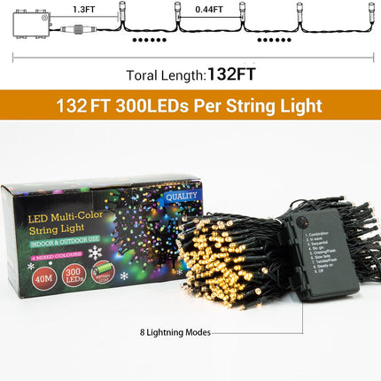 Battery Operated Christmas Lights-132FT 300 LED 8 Modes Outdoor/Indoor Waterproof Fairy Lights, Decorative Light Strings for Wedding Party Bedroom Roof Garden Halloween Thanksgiving Holiday,Warm White