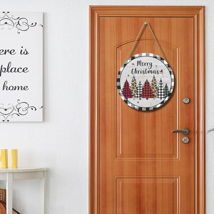 Merry Christmas Door Sign 12x12 Inch Christmas Buffalo Plaid Tree Hanging Decorations Rustic Wooden Holiday Signs Christmas Winter Decorations Sign for Home Porch Yard Christmas Year Plaque