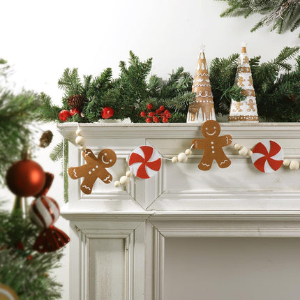 Garland Christmas Decorations Indoor: 6.5ft Farmhouse Gingerbread Man Peppermint Candy Wooden Beads Christmas Decor, Cute Rustic Gingerbread Ornaments Xmas Banner for Home Wall Mantel Fireplace