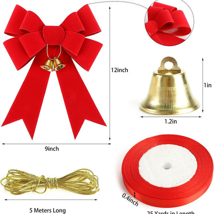 MCPINKY Christmas Bows Decor, 9 X 12 Inches Christmas Red Velvet Bows 3PCS Christmas Tree Crafts with Jingle Bells and Ribbon for Christmas Wreath Box Holiday Christmas Day Decorations