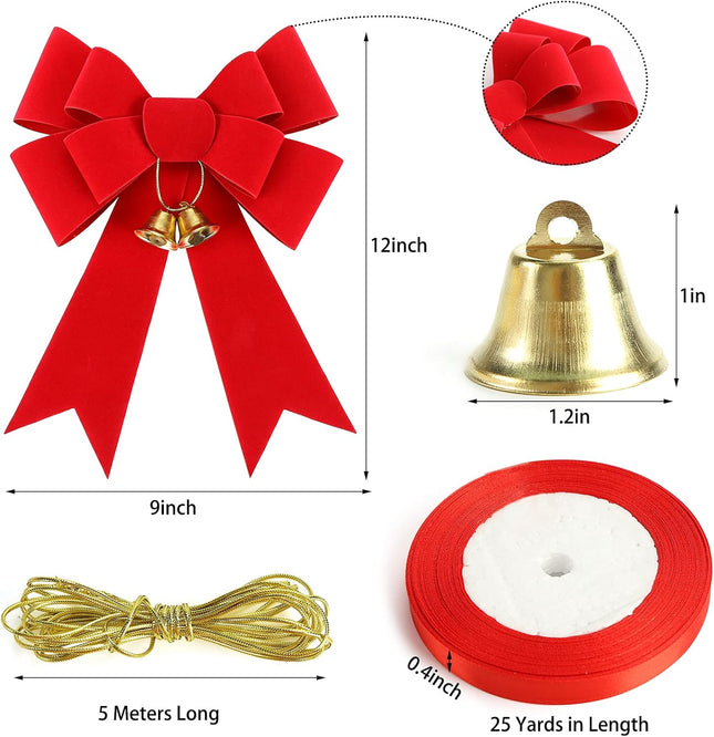 MCPINKY Christmas Bows Decor, 9 X 12 Inches Christmas Red Velvet Bows 3PCS Christmas Tree Crafts with Jingle Bells and Ribbon for Christmas Wreath Box Holiday Christmas Day Decorations