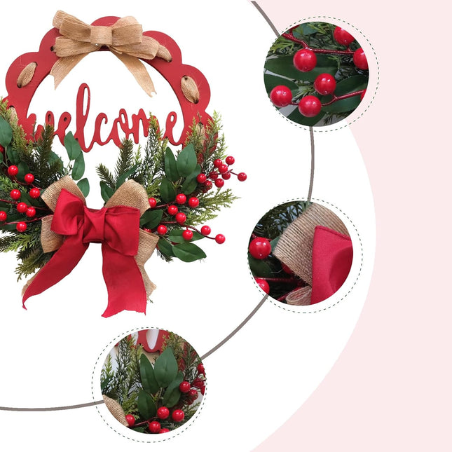 Tempus 16 Inch Wooden Board Circle Wreath Artificial Christmas Wreath Christmas Ribbon Wreath with Welcome Sign for Front Doors, Walls, farmhouses, Holiday Parties, Interior Decorations
