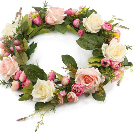 Ogrmar Artificial Flower Wreath/Handmade Floral Artificial Simulation Rose Flowers Garland Wreath for Home Front Door Christmas Wedding Party Decoration (Rose)