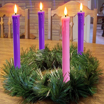 Set of 4 LED Christmas Advent Candle Lights, Battery Operated Taper Candles for Advent Wreath, 3 Purple 1 Rose Flickering Wax Flameless Candles for Holiday School Church Advent Celebration