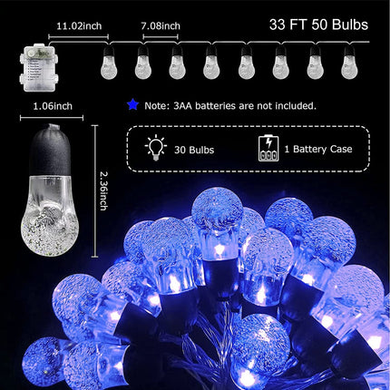Outdoor String Lights Battery Operated 33FT 50LED Patio Lights Waterproof 8Modes Remote Indoor Twinkle Fairy Christmas Lights for Outside Party Wedding Bedroom Xmas Tree Halloween Decorations-Blue