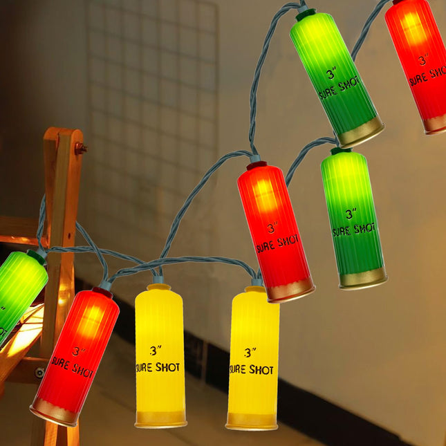 SUNSGNE 8.5ft LED Shotgun Shells String Lights, Indoor Decorative Christmas String Lights with 10 Red Green Yellow Lights, Plug-in Hanging String Lights for Christmas Hunting-Themed Party Decor