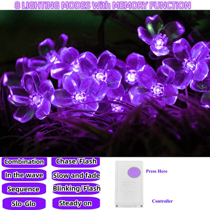 FULLBELL String Lights, Purple Lights Room Decor Flower String Lights 33 Feet 100LED 8 Modes Wedding Party Indoor Outdoor Flower Lights LED Lights for Bedroom Birthday Decorations (Purple)