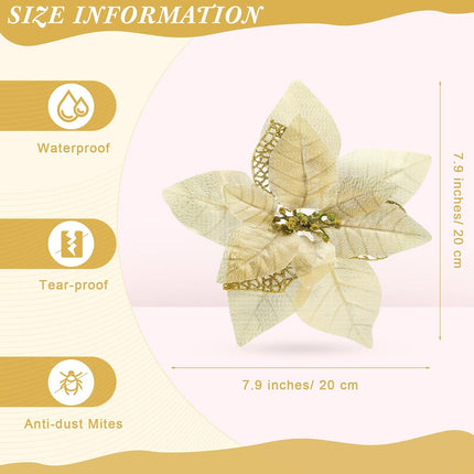 30 Pieces 8 Inches Large Christmas Artificial Poinsettia Flower Christmas Tree Glitter Faux Flowers Floral Wreath Garland Xmas Tree Ornaments for Wedding Holiday Wreath DIY (Red, Gold, Silver)