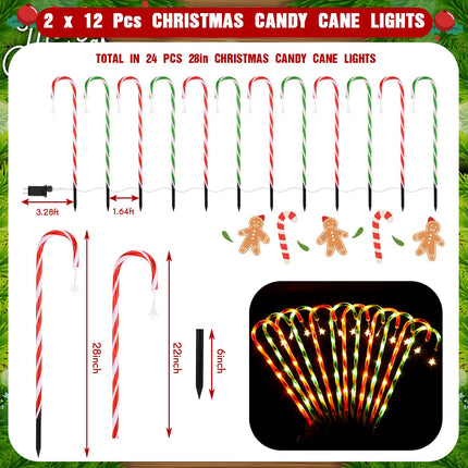 24 Pack 28'' Christmas Candy Cane Lights Christmas Pathway Markers Lights Outdoor Decorations Xmas Stake Lights for Yard Lawn Holiday Party Walkway Patio Garden Decor (Red and Green)