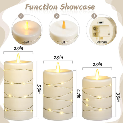 Upinmz Flickering Flameless Candles with String Lights, Battery Operated Candles, LED Candles Unbreakable Acrylic Candles with with Remote Control and Timer -3 Pack Ivory White