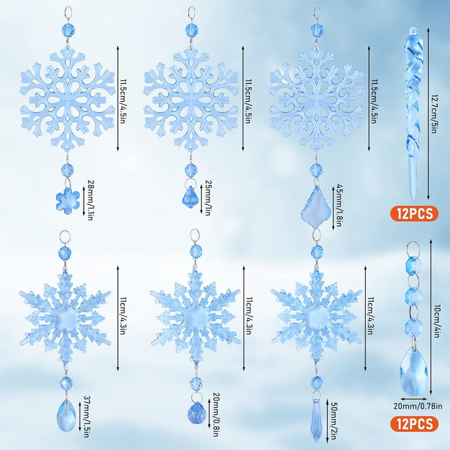30 Pcs Silver Christmas Ornaments Icicle Ornaments Acrylic Snowflake Ornaments for Christmas Tree Christmas Icicles Crystal Ornaments Chandelier Drop Ornament with Crystal Line for Xmas Decor (Blue)