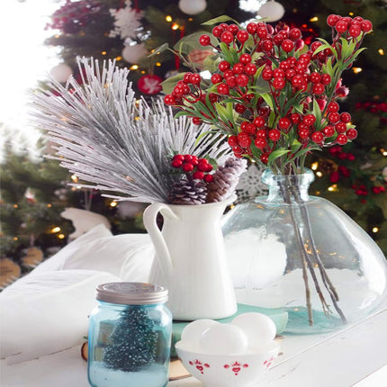 XHXSTORE 4Bundles Artificial Red Berries Christmas Greenery Stems Faux Burgundy Red Holly Berry with Green Leaves for Xmas Tree Home Wedding Flower Arrangement DIY Wreath Holiday Decor