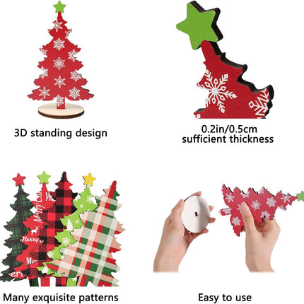 10 Pack Wooden Christmas Tree Tabletop Decorations, 7 Inch 6 Inch Red and Green Plaid Xmas Tree Table Centerpieces Farmhouse Rustic Christmas Decor for Home Shelf Tiered Tray Decor